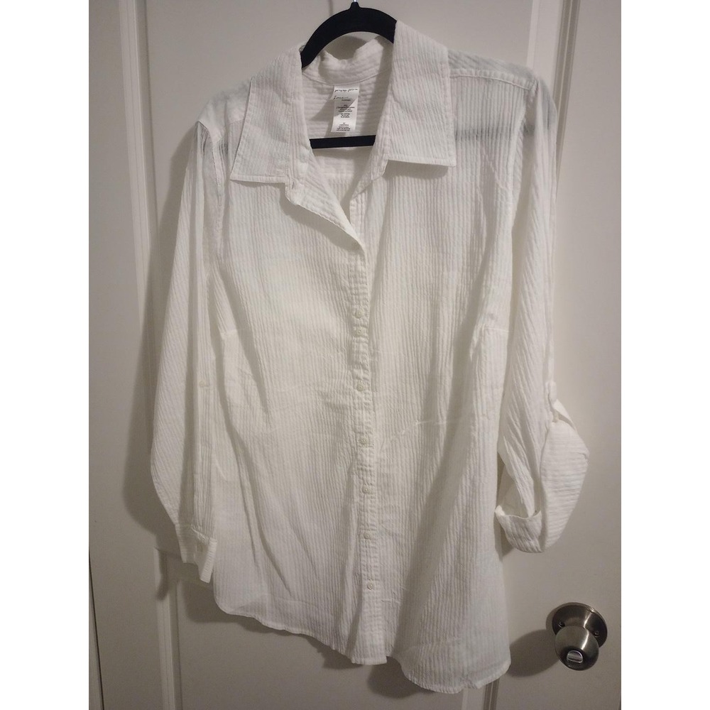 JMS Just My Size Women’s 2X 18W/20W White Textured Cotton Button Shirt Blouse